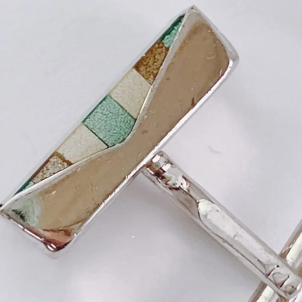 Vintage 1970s Striped Glass Inlay Modernist Geometric Cufflinks Mens Mod Jewelry
